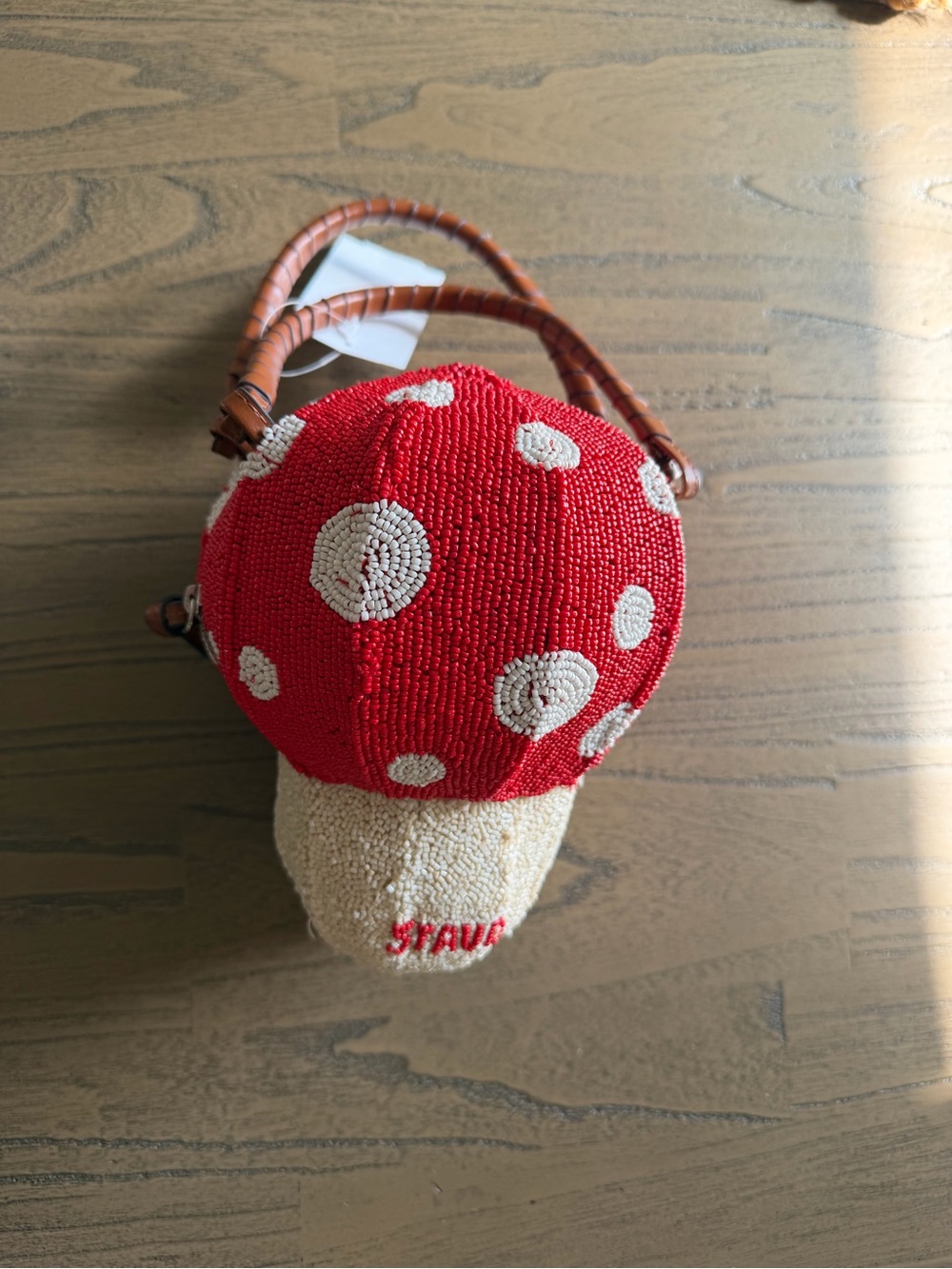 NEW STAUD Red and Cream Mushroom Beaded Mini Bag with Brown Handles - Picture 6 of 7